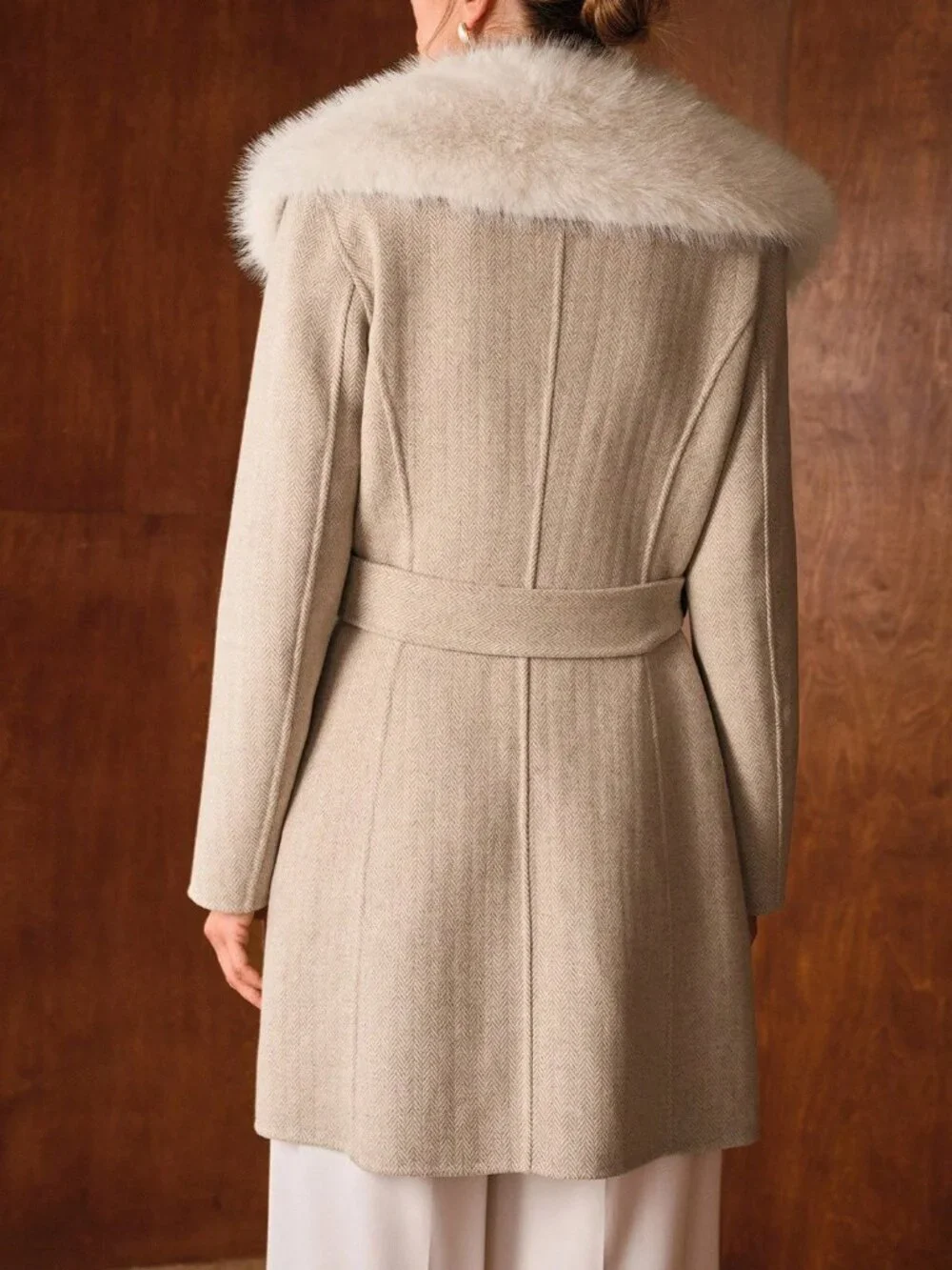 Mocha Brown Elegant Women's Herringbone Pattern Collar Single-Breasted Coat